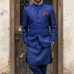 Navy Blue Embroidered Princecoat For Wedding