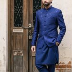 Navy Blue Embroidered Princecoat For Wedding