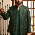 Emerald Green Embroidered Front Open Wedding Coat