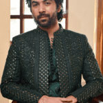 Emerald Green Embroidered Front Open Wedding Coat