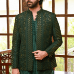 Emerald Green Embroidered Front Open Wedding Coat