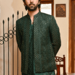 Emerald Green Embroidered Front Open Wedding Coat