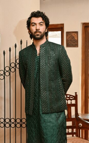 Emerald Green Embroidered Front Open Wedding Coat - XL