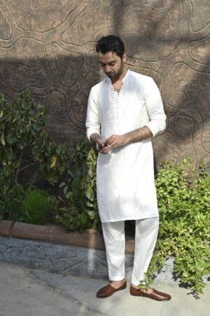 Off White Embroidered Lines Kurta Trouser