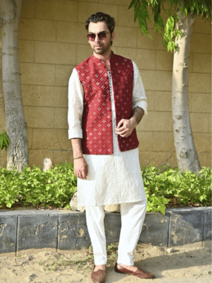 Maroon Mirror Work Embroidered Waistcoat