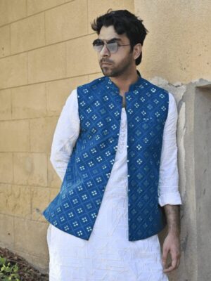 Blue Multi Embroidered Waistcoat