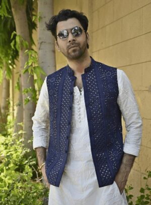 Navy Multi Embroidered Sequins Waistcoat