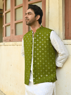 Leaf Green Multi Embroidered Waistcoat