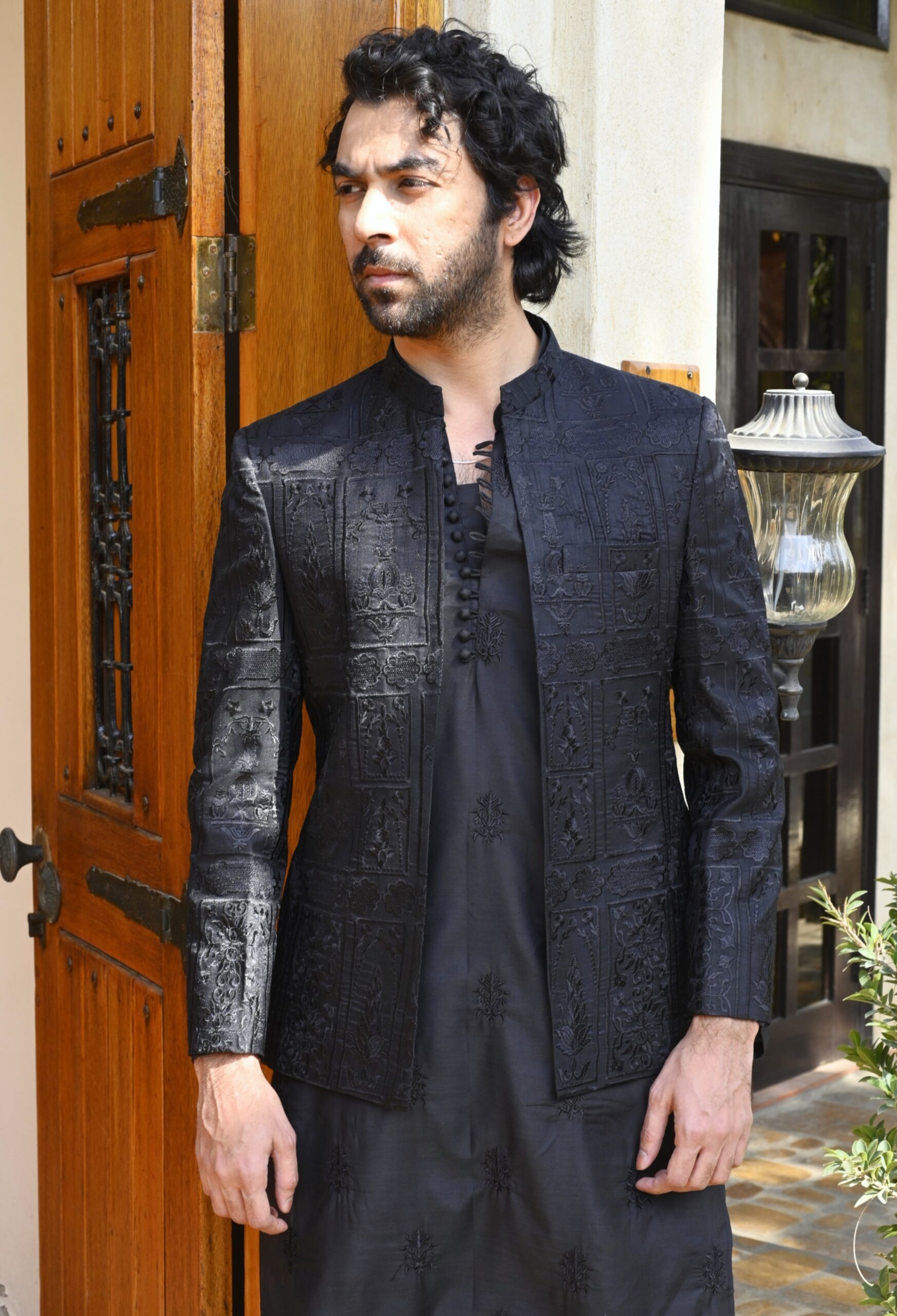 Black Embroidered Front Open Jacket (fk)