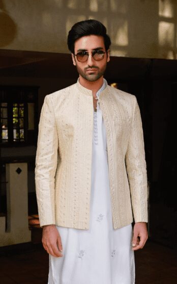Beige Front Open Embroidered Prince Coat