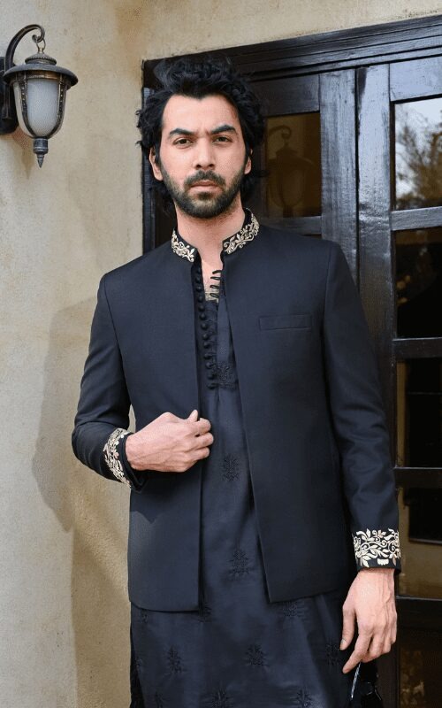 Black Front Open Embroidered Prince coat