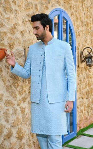 Sky Blue Embroidered Prince Coat
