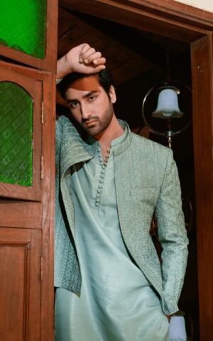 Mint Green Sequin Embroidered Prince Coat
