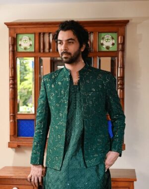 Emerald Green Floral Embroidered Prince Coat