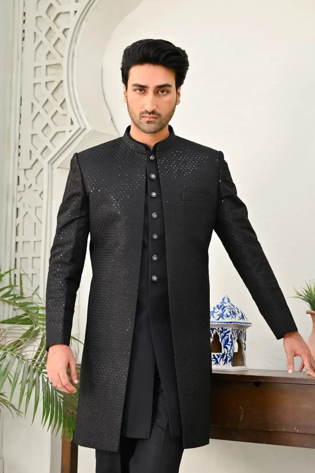 Black Embroidered Sequin Sherwani