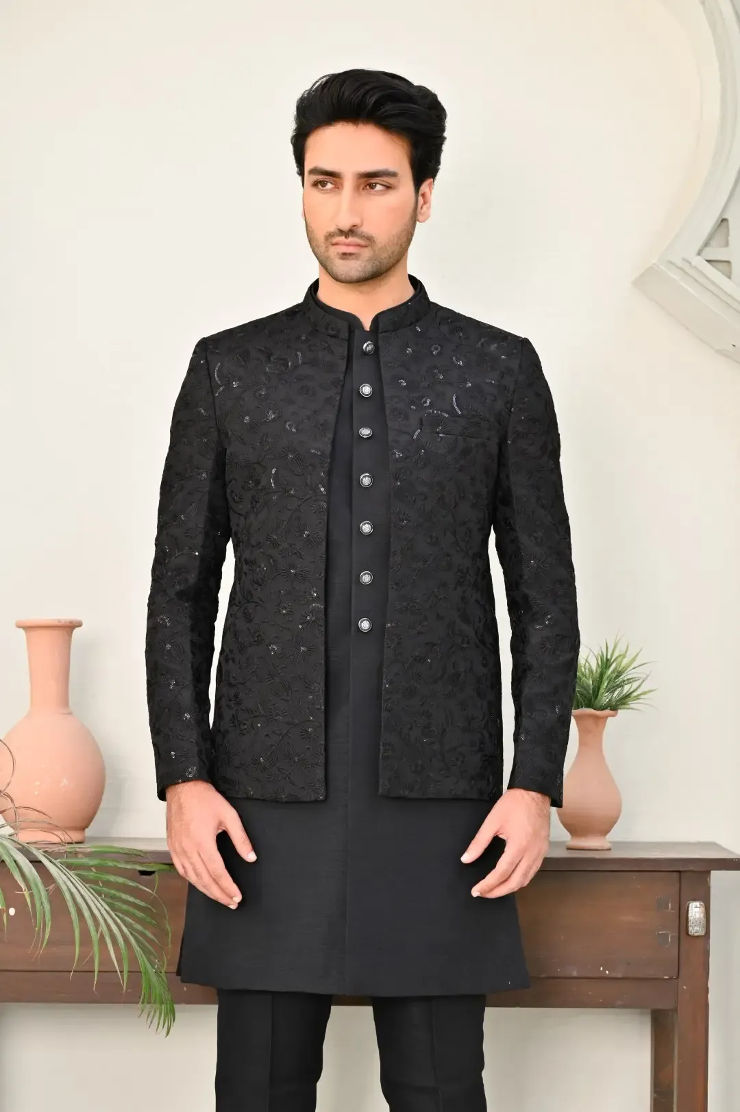 Black Embroidered Sequin Prince Coat