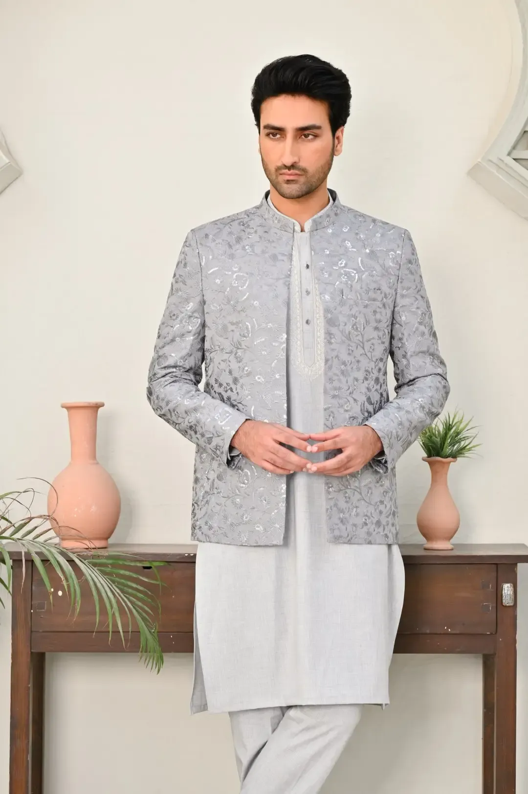 Grey Embroidered Sequin Prince Coat