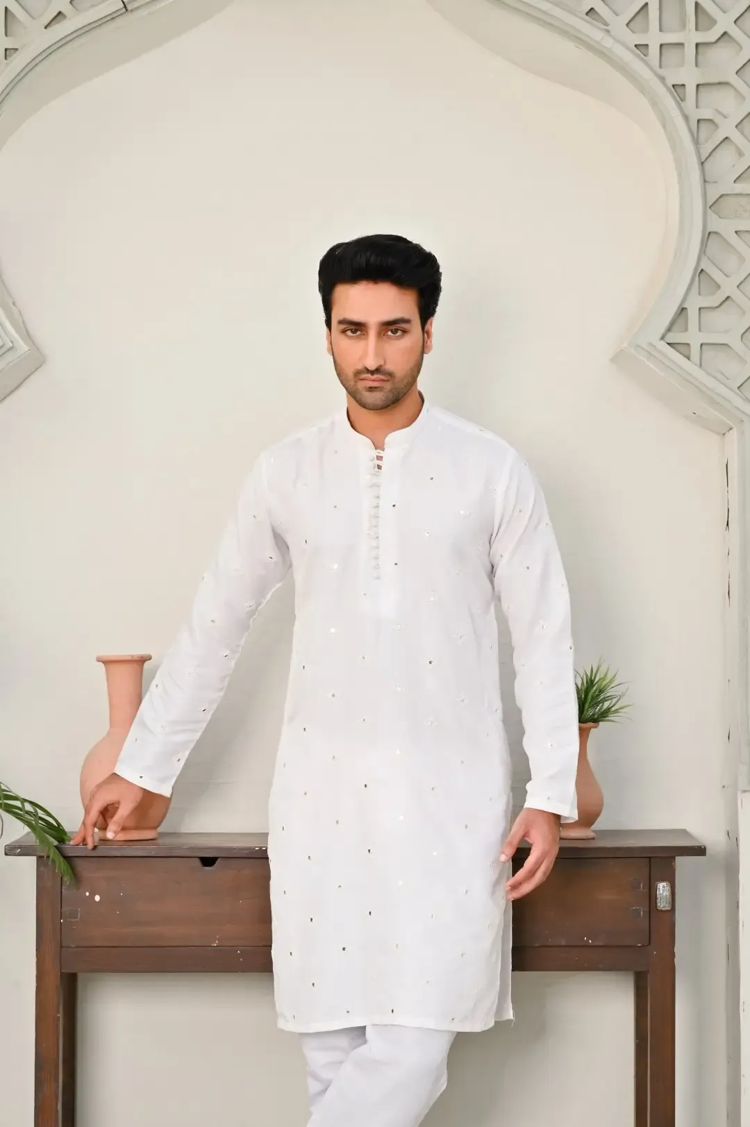 Off White Mirror Work Kurta Trouser