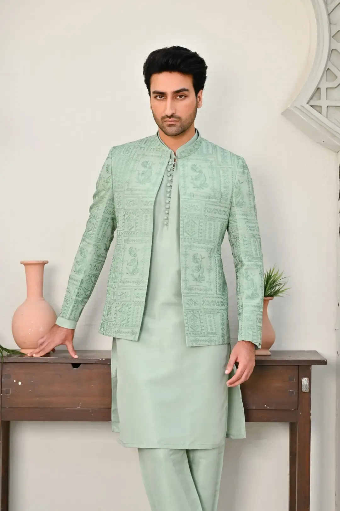 Mint Green Floral Embroidered Prince coat