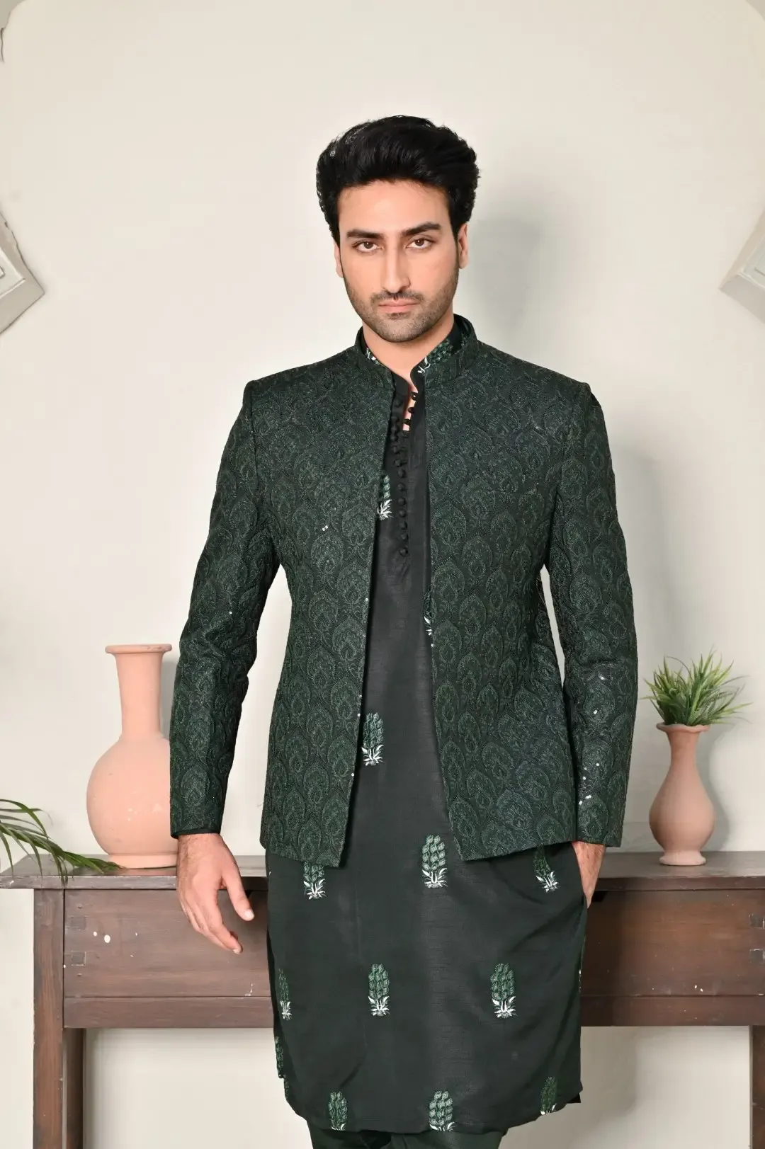 Emerald Green Embroidered Princecoat