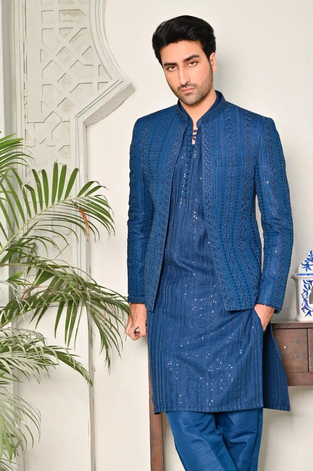 Aqua Blue Embroidered Prince coat