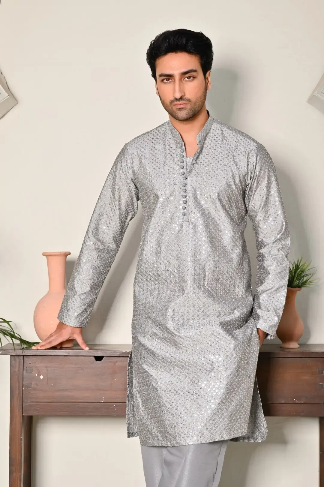 Silver Grey Embroidered Kurta Trouser
