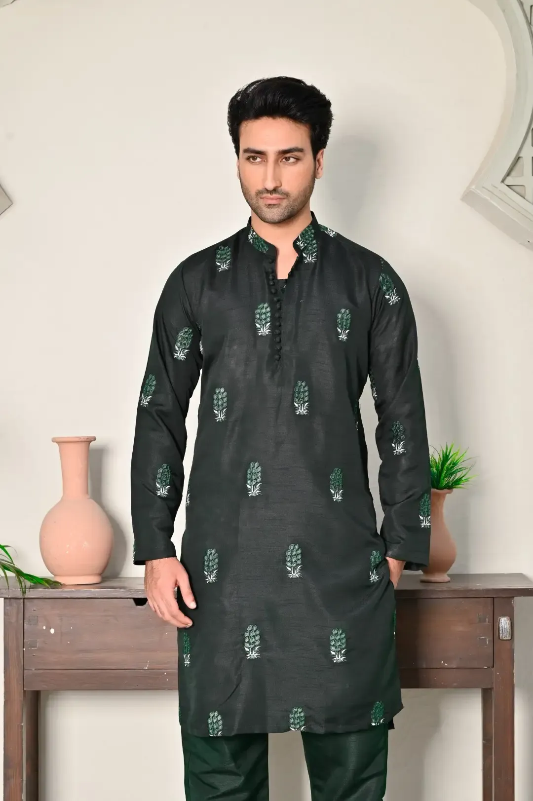 Bottle Green Embroidered Kurta Trouser
