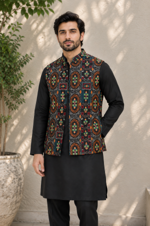 Black Multi Embroidered Waistcoat