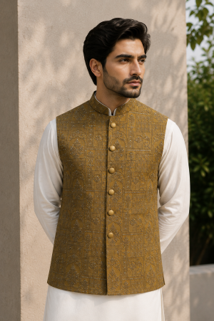 Camel Brown Embroidered Waistcoat