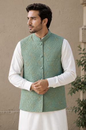 Sea Green Embroidered Waistcoat