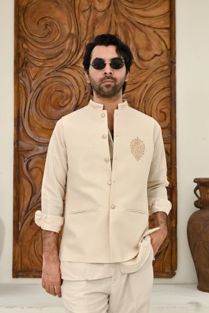 Beige Embroidred Waistcoat Inner Pants 3 Piece