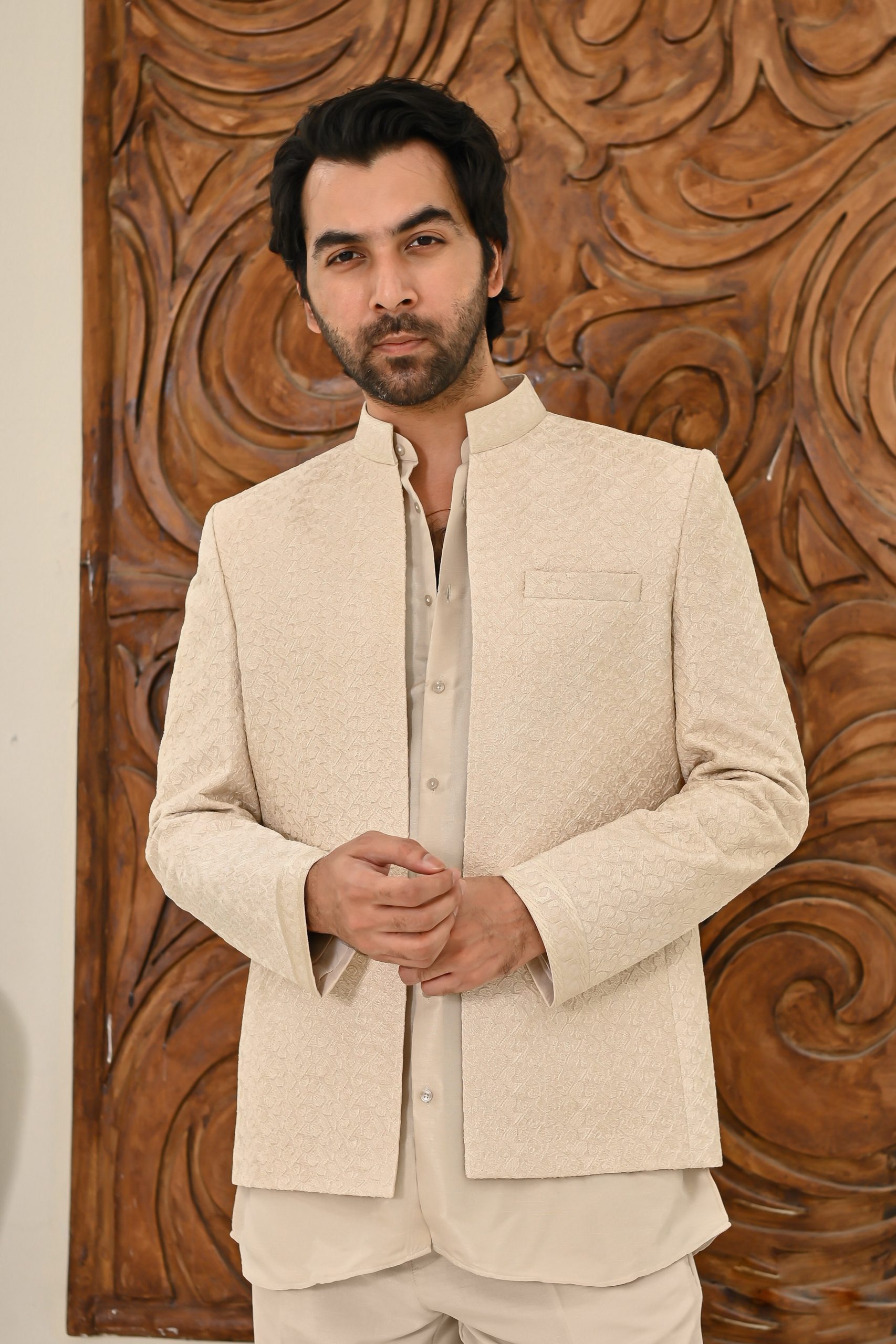 Beige Geometry Embroidered Prince Coat