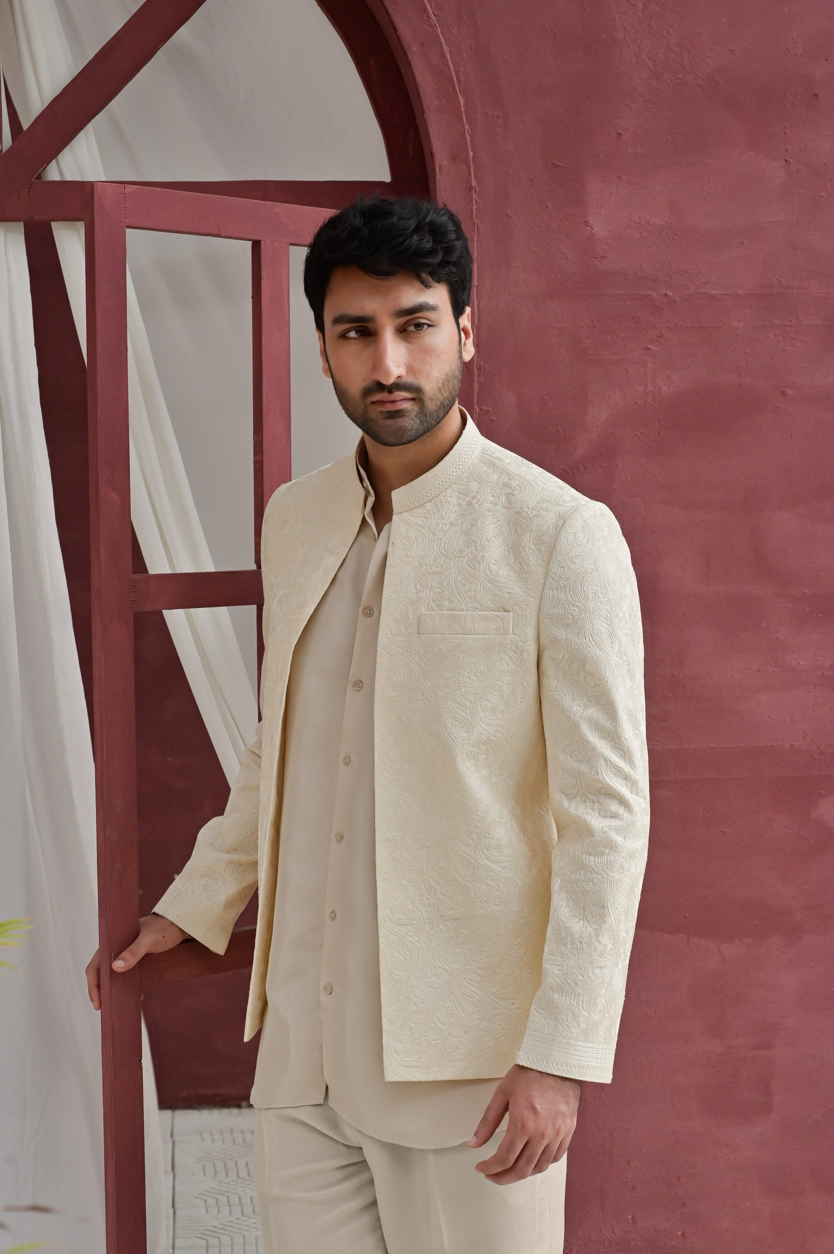 Cream Embroidered Wedding Prince Coat