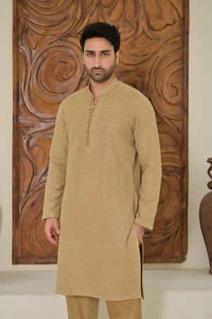 Beige Leafy Embroidered Kurta Trouser