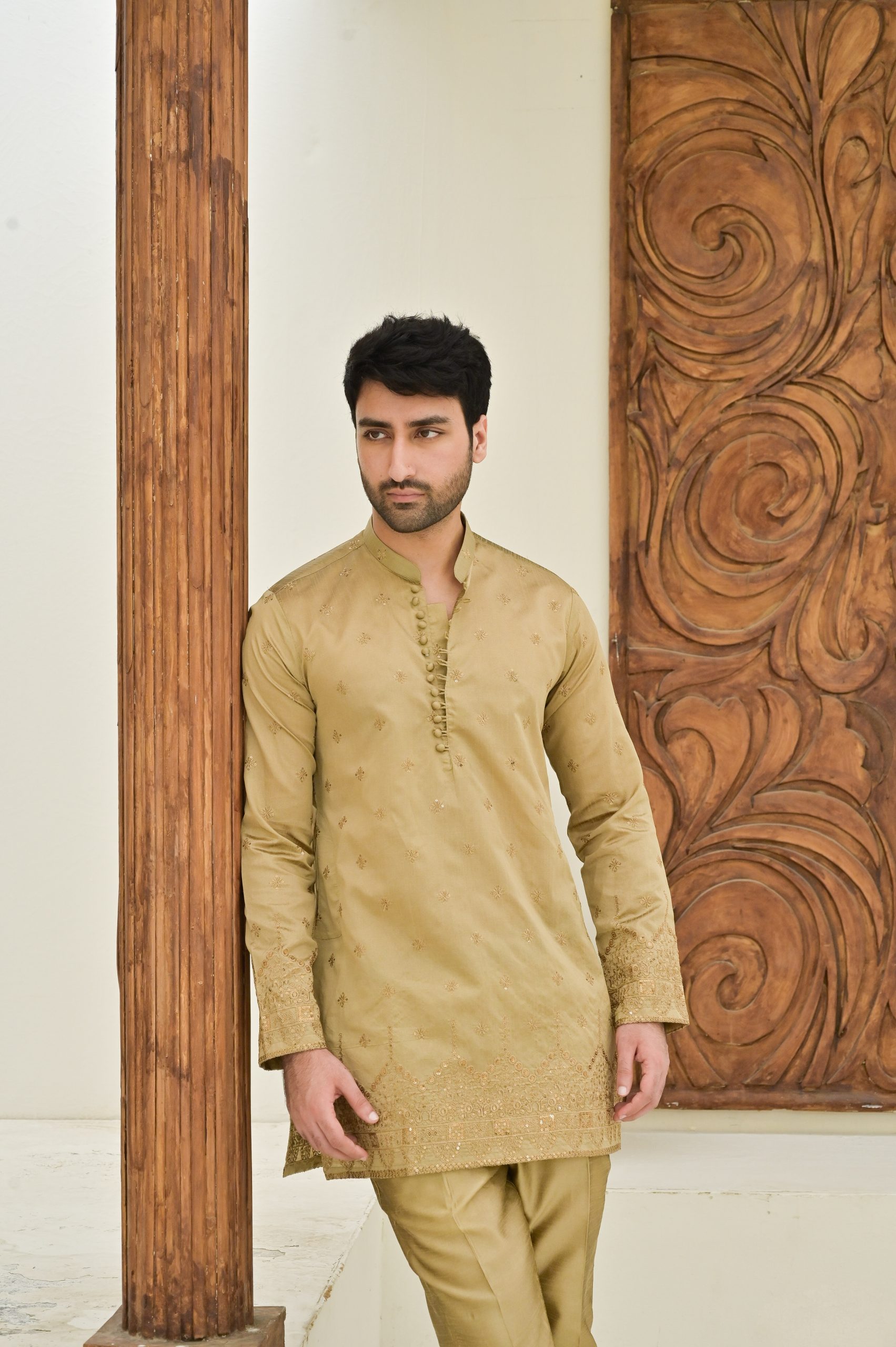 Beige Leaf Kurta Trouser