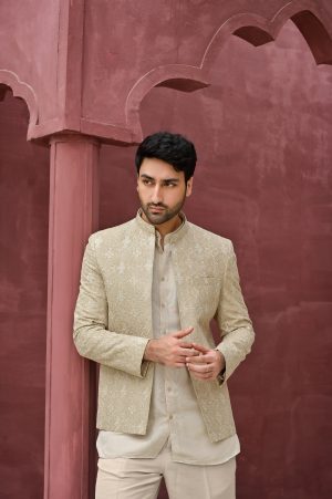 Beige Mughal Jaal Embroidered Prince Coat