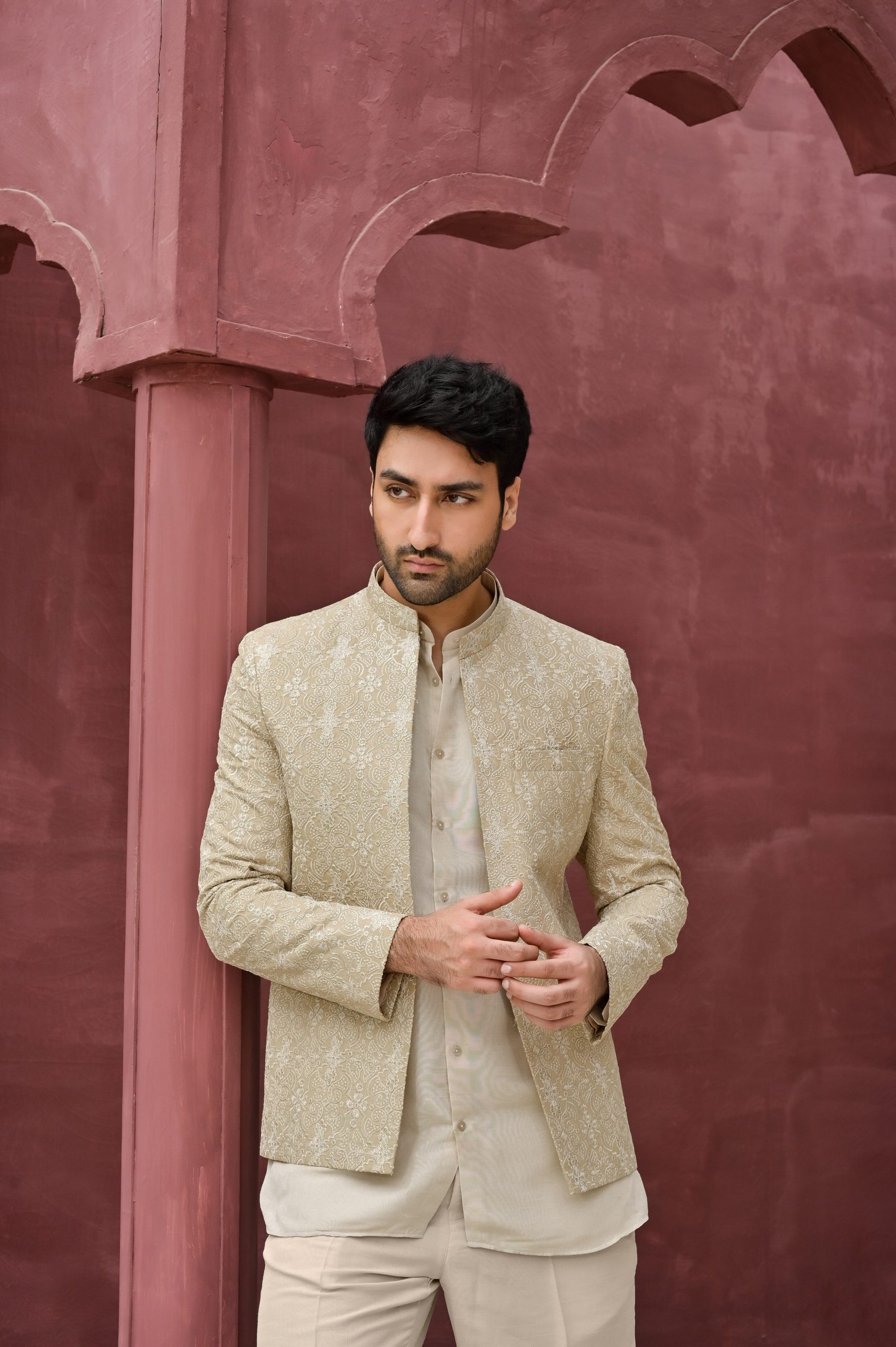 Beige Mughal Jaal Embroidered Prince Coat